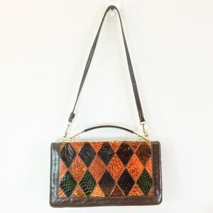 Vintage Patchwork Exotic Leather Bag Brown Reptile 2Way Satchel Shoulder‎ Purse